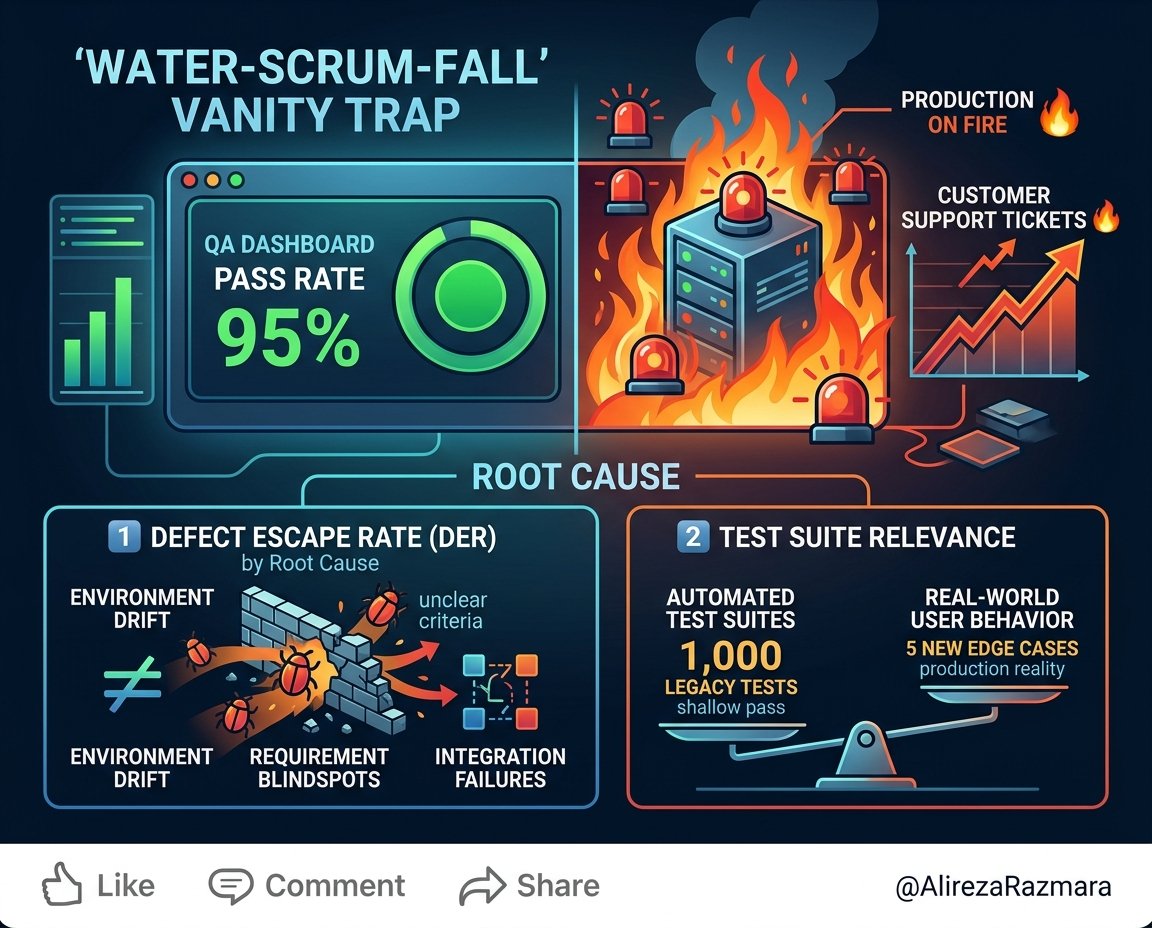 The Water-Scrum-Fall Vanity Trap: Why A 95% QA Pass Rate Hides Production Fires